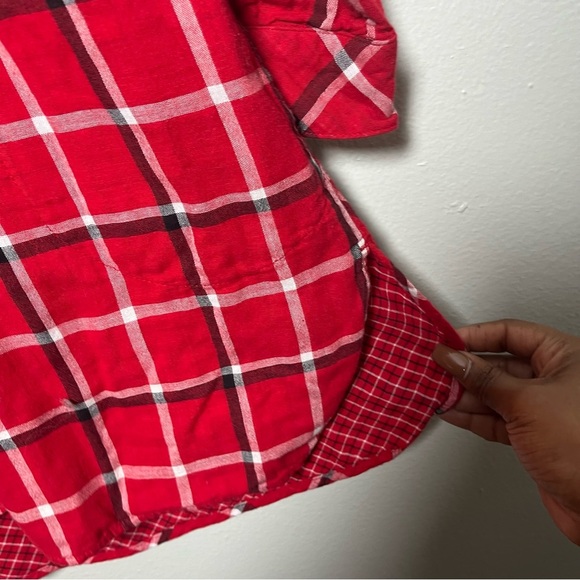 J. Jill Women Button Downn Tunic Top Medium Red Plaid Holiday Pockets - Picture 8 of 10
